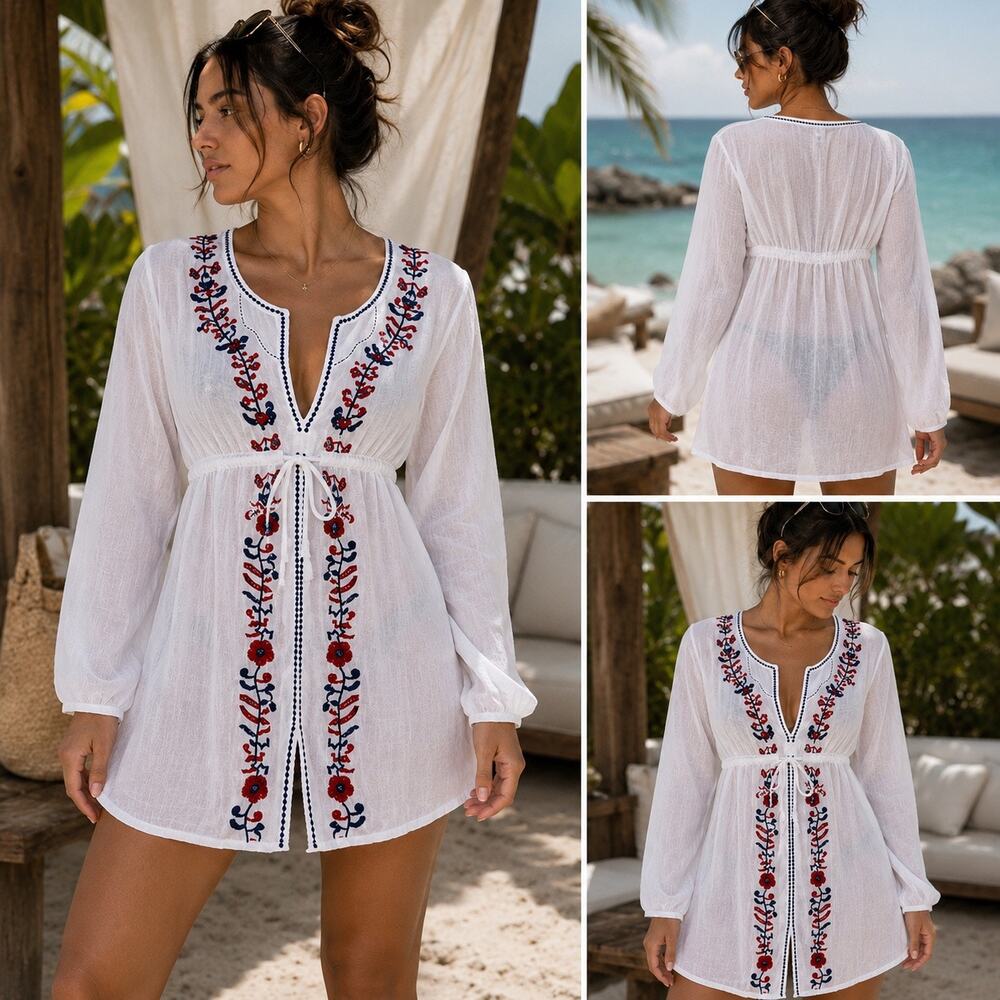 White Sheer Mexican Embroidered Cover Up Dress Beach Boho Festival Women's M